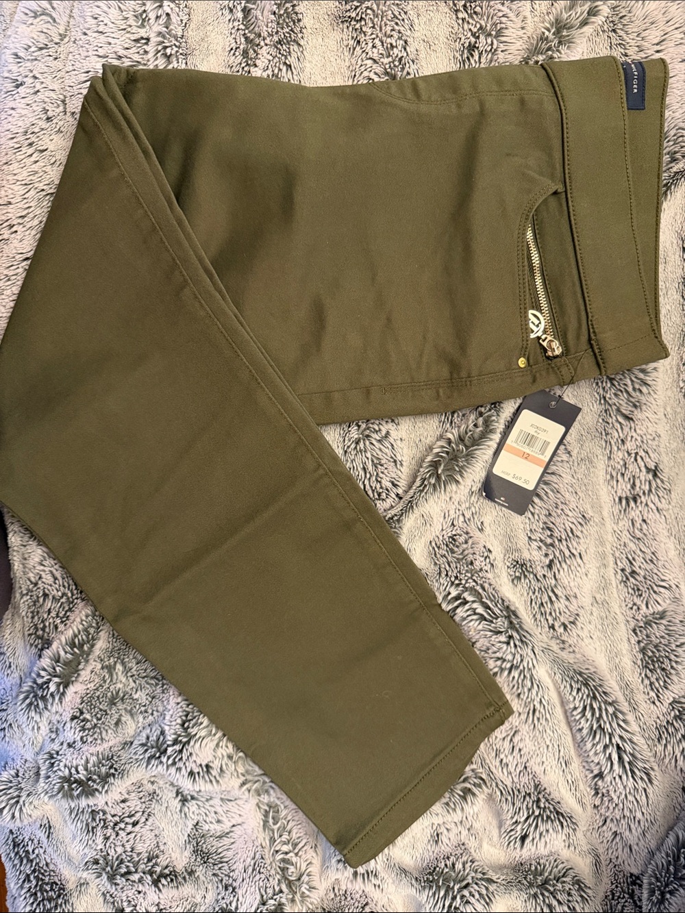 Tommy Hilfiger Olive Green Stretch Pants with Side Zip Detail